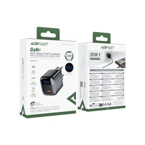 Зарядний пристрій Acefast USB-C 30W GaN with digital display black (6974316284444)