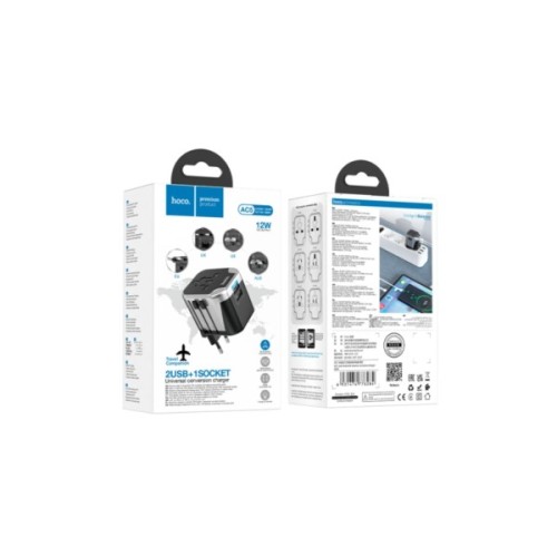 Мережевий фільтр живлення HOCO AC5 1 роз, 2 USB, 1,5м, Black/Gray (AC5ABG)