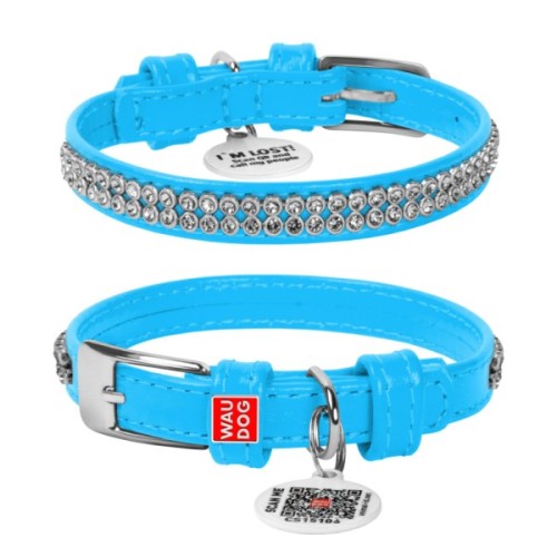 Нашийник для тварин WAUDOG Glamour з QR-паспортом "Стрази" XS Ш 9 мм Д 19-25 см блакитний (33072)