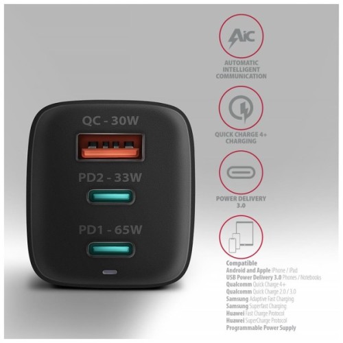 Зарядний пристрій AXAGON 1xUSB + 2xUSB-C 65W QC4+ PD3.0 PPS black (ACU-DPQ65)