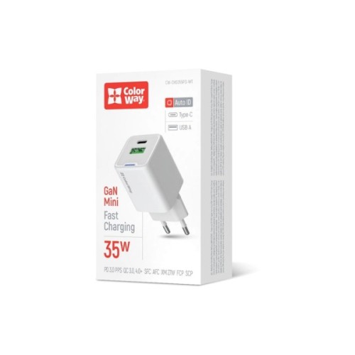 Зарядний пристрій ColorWay GaN Mini 35W PD Port PPS USB (Type-C PD + USB QC4.0) white (CW-CHS055PD-WT)