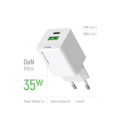 Зарядний пристрій ColorWay GaN Mini 35W PD Port PPS USB (Type-C PD + USB QC4.0) white (CW-CHS055PD-WT)