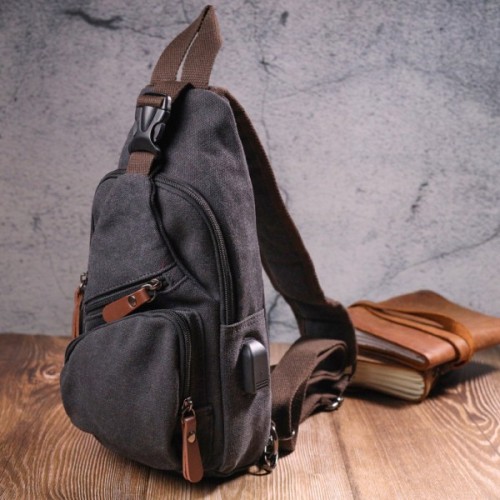 Сумка Vintage Через плече з кабелем USB текстильна Чорна (21221)