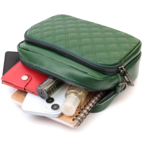 Сумка Vintage Жіноча прошита ромбами на лицьовій стороні з натуральної шкіри Зелена (22635)