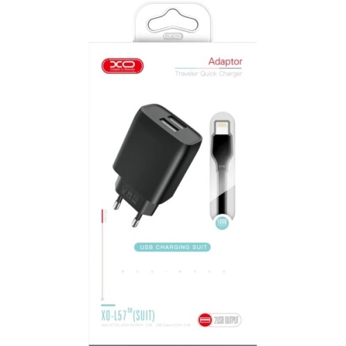 Зарядний пристрій XO L54 2xUSB 12W + cable USB to Lightning black (XO-L57-LGHT-BK)