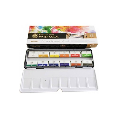 Акварельні фарби MUNGYO Gallery 12 кольорів в кюветах металевий пенал (8804819139126)