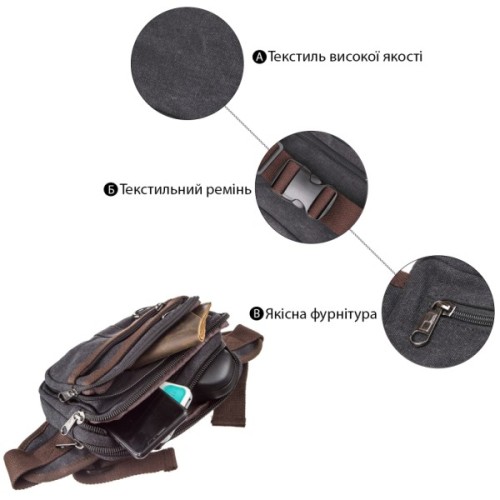 Сумка Vintage Бананка текстильна на пояс Чорна (20159)