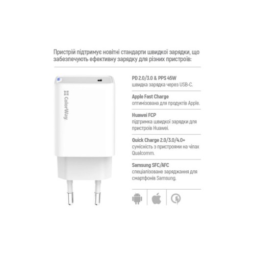 Зарядний пристрій ColorWay GaN Mini 45W PD Port PPS USB-C white (CW-CHS057PD-WT)