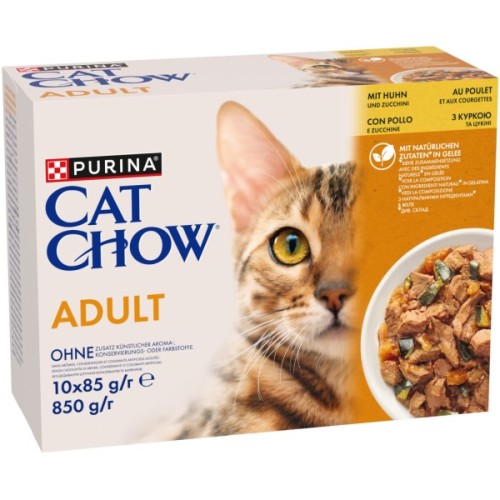 Вологий корм для кішок Purina Cat Chow Adult з куркою та цукіні 85 гх10 шт (7613036596879)