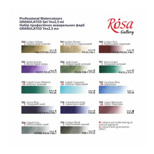 Акварельні фарби Rosa Gallery GRANULATION 14 кольорів по 2,5 мл в металевому пеналі (4823098544128)