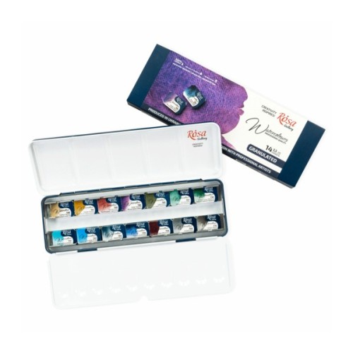 Акварельні фарби Rosa Gallery GRANULATION 14 кольорів по 2,5 мл в металевому пеналі (4823098544128)