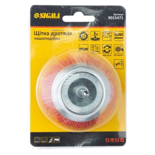 Щітка для електроінструменту Sigma дротяна чашеподібна 75мм хвостовик O6мм нейлонова 9015471 (9015471)