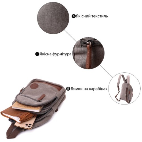 Сумка Vintage Текстильна через плече із ущільненою спинкою Сіра (22173)