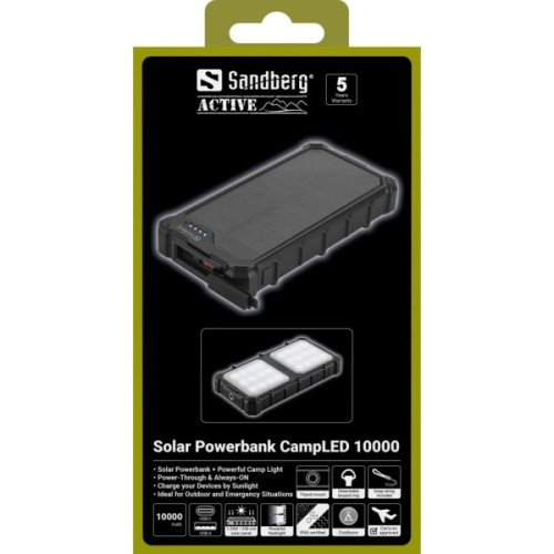Батарея універсальна Sandberg 10000mAh, 22.5W, PD, Solar, CampLED, PowerThrough, IP65 (421-23)
