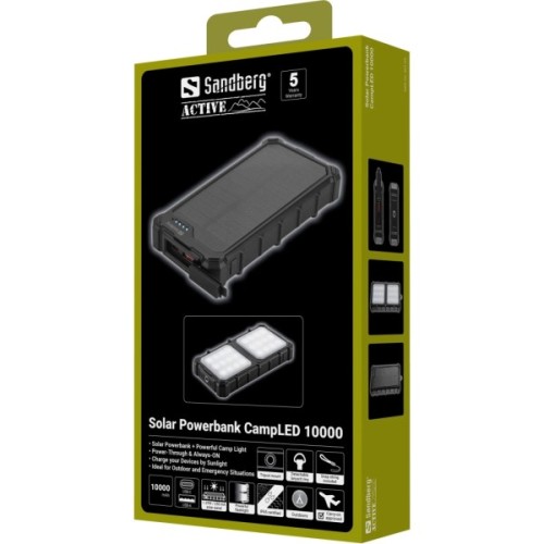 Батарея універсальна Sandberg 10000mAh, 22.5W, PD, Solar, CampLED, PowerThrough, IP65 (421-23)