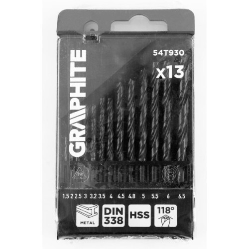 Набір свердл Graphite по металу, HSS, 1.5–6.5мм, кейс, 13шт (54T930)