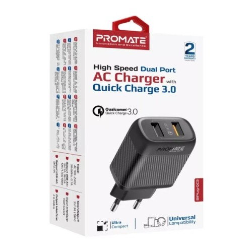 Зарядний пристрій Promate 18W 2xUSB-A (biplug-qc3.eu-bk)