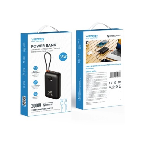 Батарея універсальна VEGER 30000mAh K3 35W PD QC3.0 black (6977525750137)