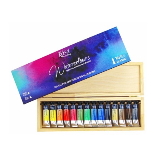 Акварельні фарби Rosa Gallery Дерев'яний пенал 14 кольорів по 10 мл (4823098514008)