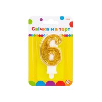 Свічка Maxi золотиста двостороння з блискітками "6", 7,62 см, на торт (MX622083-6)