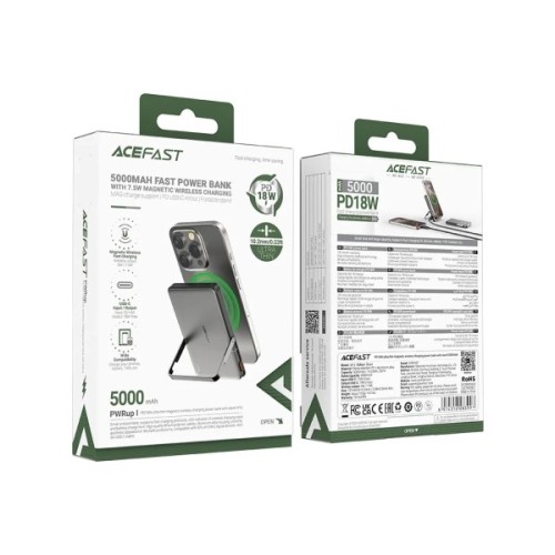 Батарея універсальна Acefast Magnetic Wireless 5000mAh, 18W, PD, QC/3.0, with holder M16, Black (6974316283997)