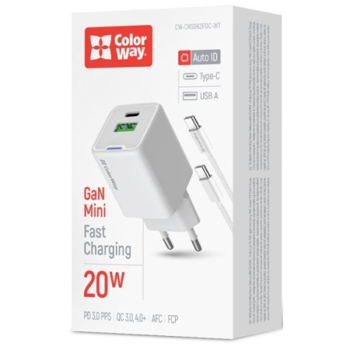Зарядний пристрій ColorWay C101A GaN Mini 20W PD PPS USB-C + USB-A QC4.0 + cable USB-C to USB-C black (CW-CHS062PDC-WT)