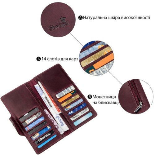 Гаманець Shvigel Жіночий вертикальний З вінтажної шкіри на кнопках Бордовий (16178)