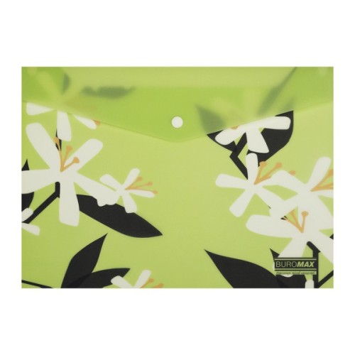 Папка - конверт Buromax А4 на кнопці, PLUMERIA ARABESKI, напівпрозора, салатова (BM.3943-15)
