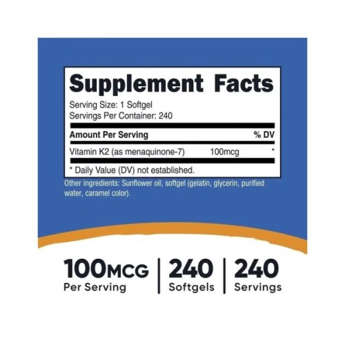 Вітамінно-мінеральний комплекс Nutricost Вітамін К2 у формі МК-7, 100 мкг, Vitamin K2 MK-7, 240 гелевих капсу (NCS67264)