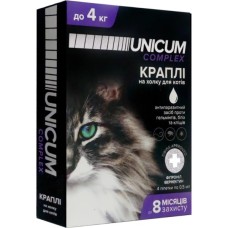 Краплі для тварин Unicum COMPLEX проти бліх, кліщів і гельмінтів на холку для кішок 0-4 кг/4 шт (4820150202484)