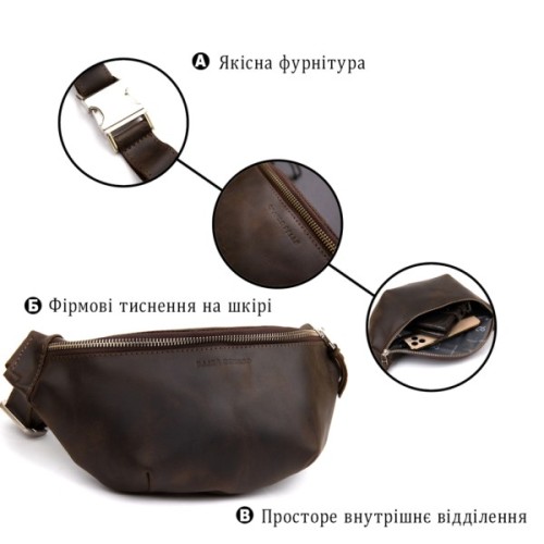 Сумка Grande Pelle Бананка у вінтажній шкірі Коричнева (11154)