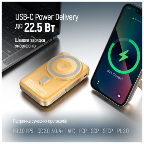 Батарея універсальна ColorWay 10 000 mAh PD/22.5W, 15W MagSafe & Watch Wireless Amber (CW-PB100LPA2Y-WPDD)