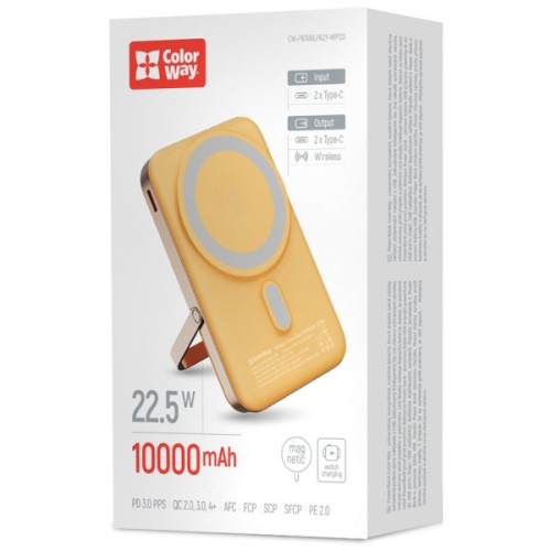 Батарея універсальна ColorWay 10 000 mAh PD/22.5W, 15W MagSafe & Watch Wireless Amber (CW-PB100LPA2Y-WPDD)