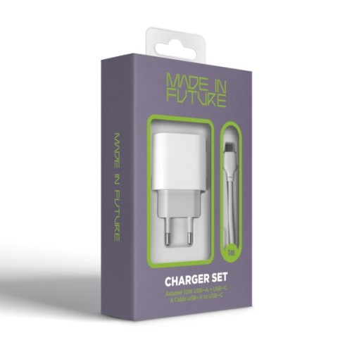 Зарядний пристрій MadeInFuture MFS12 12W 1xUSB-A + 1xUSB-C + cable USB-A to USB-C White (MIF82822)