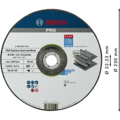 Круг відрізний Bosch Professional, для нержавіючої сталі та металу, 230×1.9×22.23 mm (2.608.601.514)