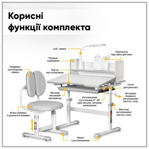 Парта зі стільцем ErgoKids Grey (+полка+лампа) (BD-24 G)