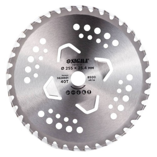 Ніж для тримера Sigma з твердосплавними напайками 255x25.4мм 40Т 4 підрізні лопаті (5624601)