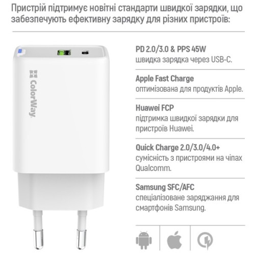 Зарядний пристрій ColorWay C101E GaN Mini 45W PD PPS USB-C + USB-A QC4.0 white (CW-CHS060PD-WT)