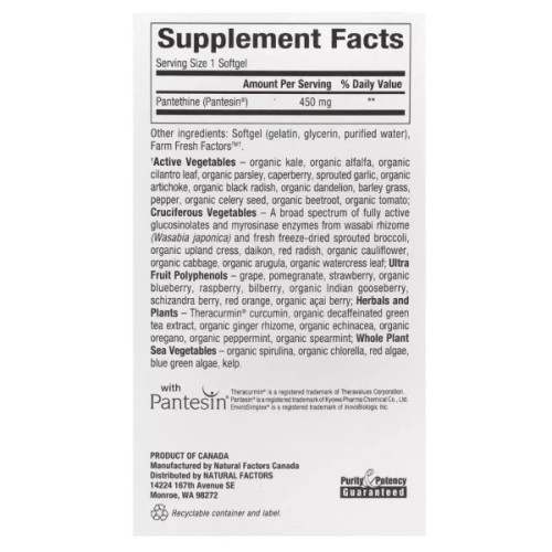 Вітамін Natural Factors Пантетин, вітамін B5, 450 мг, BioCoenzymated, B5, Pantethine, 60 гелевих до (NFS-01250)