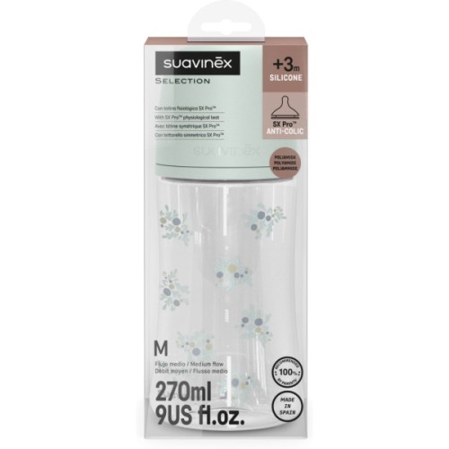 Пляшечка для годування Suavinex Poetry, 270 мл, фізіологічна соска середній потік, м'ятна (308970)