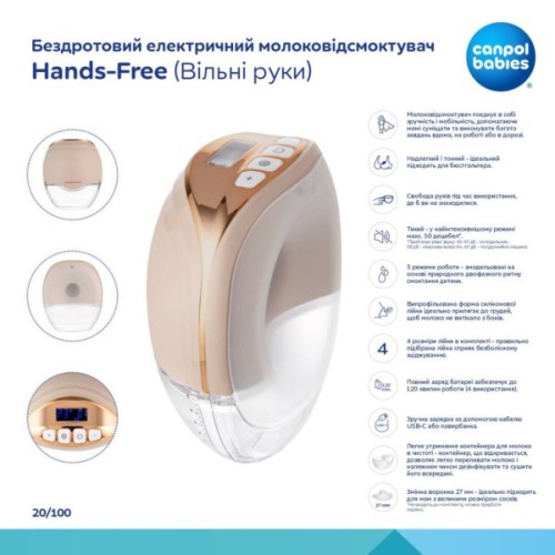 Молоковідсмоктувач Canpol babies Бездротовий електричний Hands-Free (Вільні руки) (20/100)