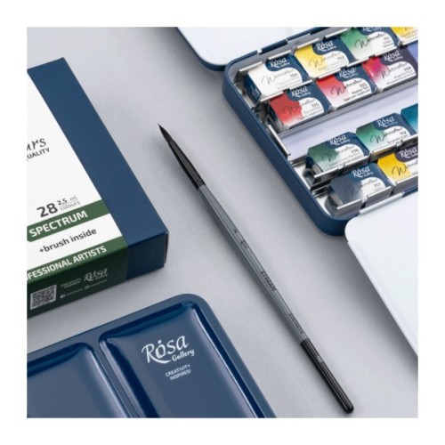 Акварельні фарби Rosa Gallery SPECTRUM, 28*2,5мл, з пензлем, кювета Індіго металевий пенал (4823098544784)
