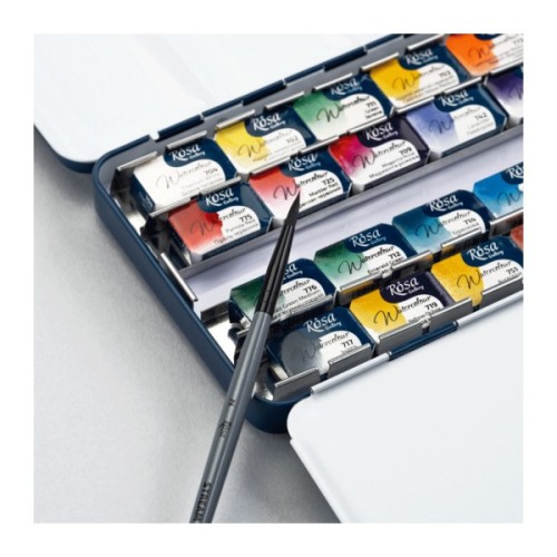 Акварельні фарби Rosa Gallery SPECTRUM, 28*2,5мл, з пензлем, кювета Індіго металевий пенал (4823098544784)