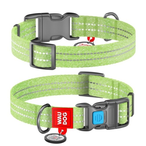 Нашийник для тварин WAUDOG Re-cotton з QR паспортом світловідбивний Ш 25 мм Д 33-49 см салатовий (02925)