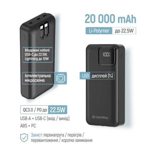 Батарея універсальна ColorWay 20 000 mAh Optimal Power PD/22.5W, QC/3.0, Black (CW-PB200LPB5BK-PDD)