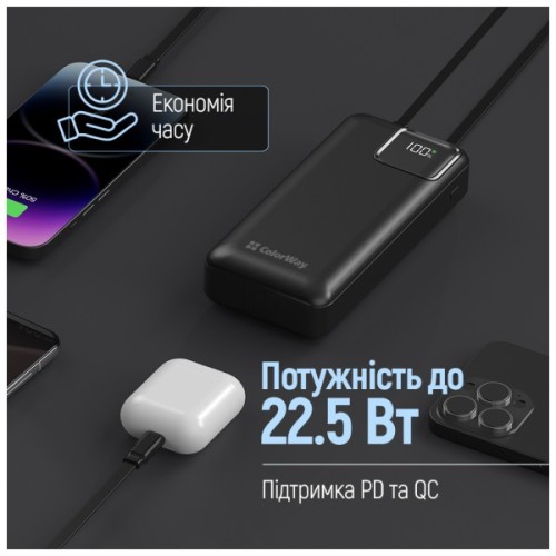 Батарея універсальна ColorWay 20 000 mAh Optimal Power PD/22.5W, QC/3.0, Black (CW-PB200LPB5BK-PDD)