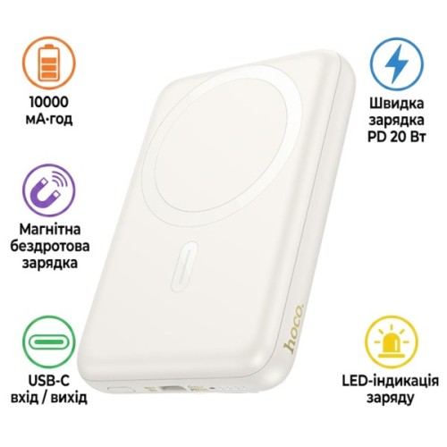 Батарея універсальна HOCO 10000mAh Grace PD/20W Magnetic White (J141 / 714985)