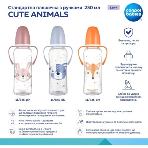 Пляшечка для годування Canpol babies CUTE ANIMALS стандартна з ручками 250 мл помаранчева (11/845_ora)