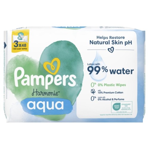 Дитячі вологі серветки Pampers Harmonie Aqua 3 пачки х 48 шт (8006540458525)