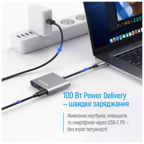 Концентратор ColorWay USB-C 3-in-1 USB 3.0 + HDMI 4K + USB-C PD100W (CW-HUB08)
